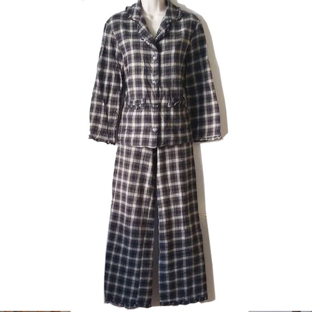 Sundance Juno Cotton Plaid Ruffle Pajamas Set XS Black Gray Cream